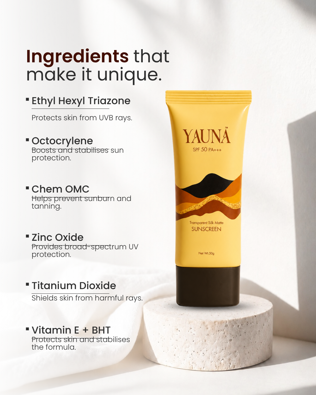 Yauna Transparent Silk Matte Sunscreen SPF 50 PA+++